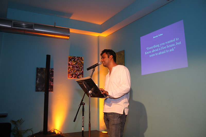 Darryn Boodan performing spoken word at Corner Bar, 2009 — Erotic Art Week archive photograph