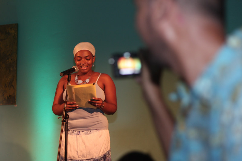 Stacy Warwick performing spoken word at Corner Bar, 2009 — Erotic Art Week archive photograph